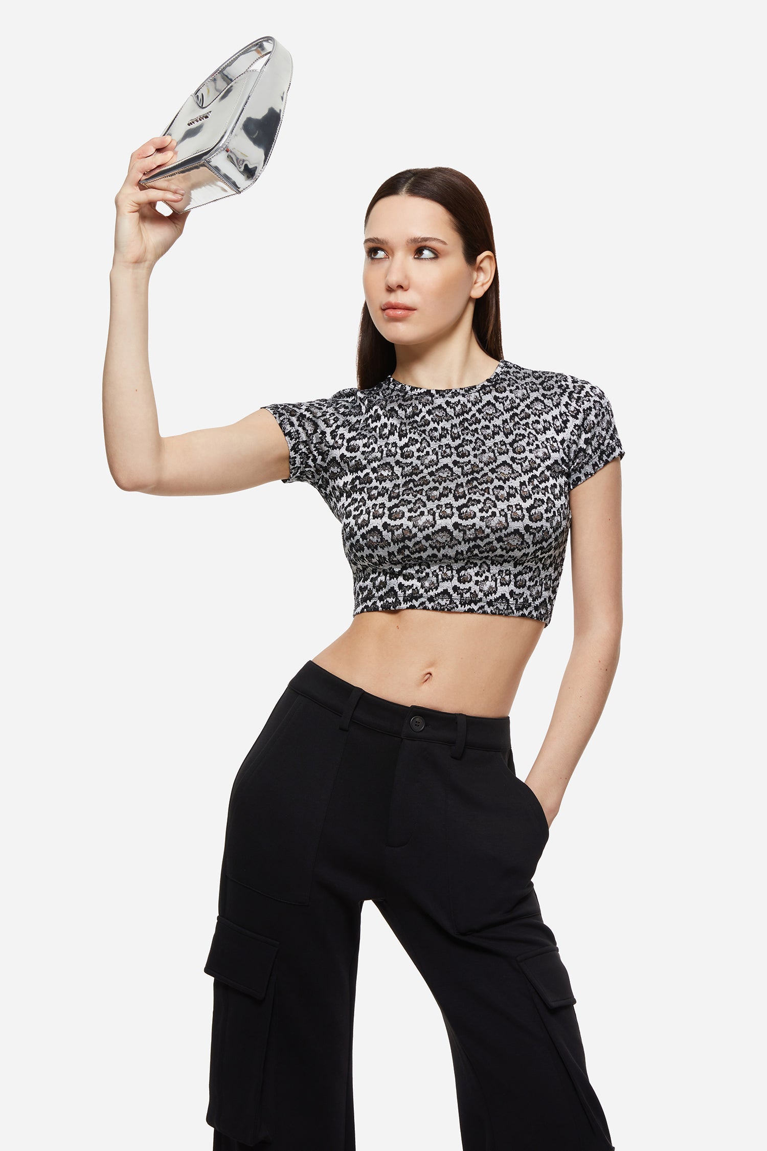 Silver Leopard Print Cropped Top