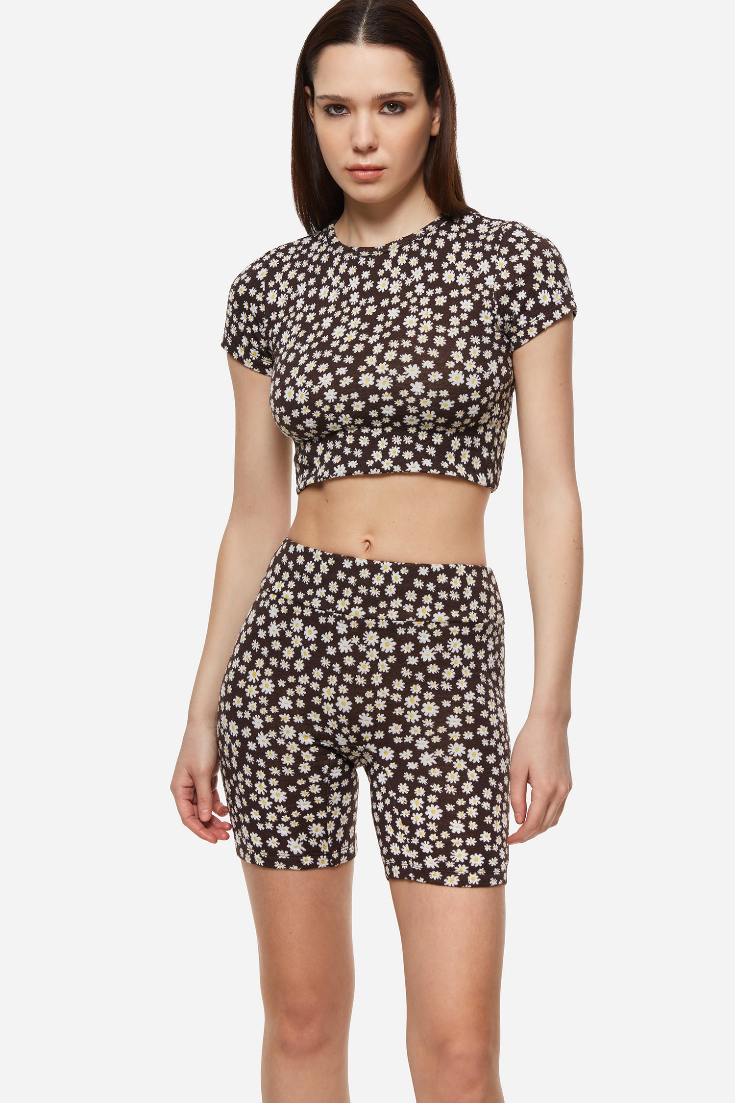 Brown Blossom Print Cropped Top