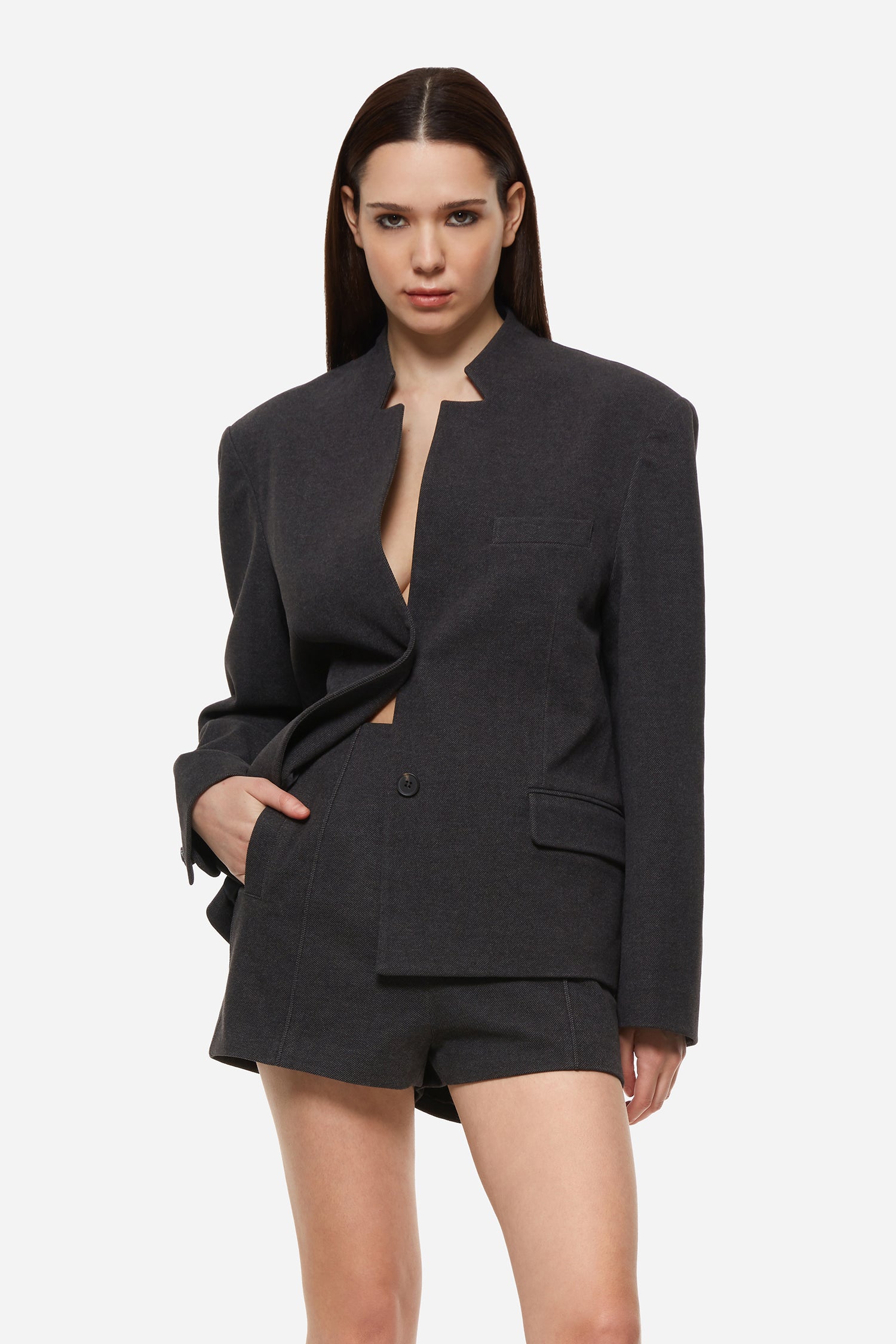 Dark Grey Notched Collar Blazer